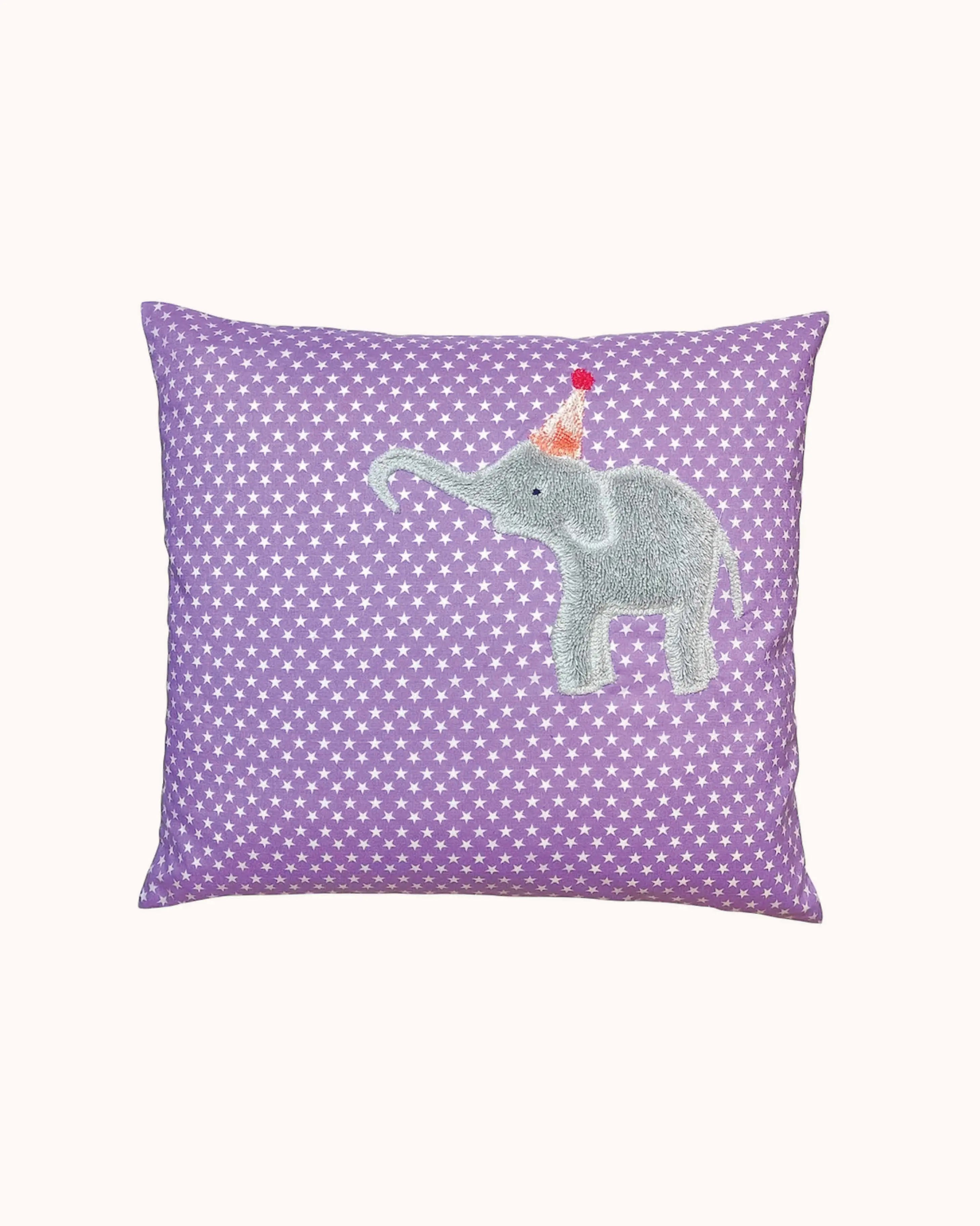 Pixie Cushion Party Elephant on Lilac with white Stars