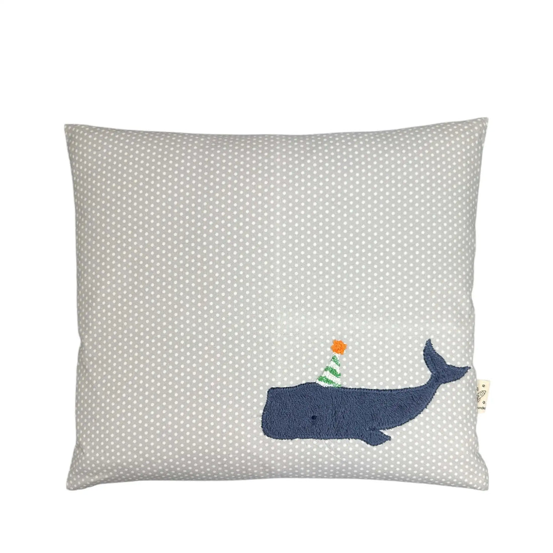 Pixie Cushion Party Whale on light Grey with white Dots
