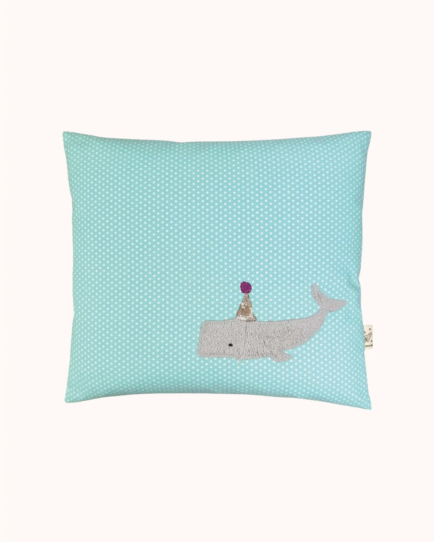 Pixie Cushion Party Whale on Turquoise with white Dots