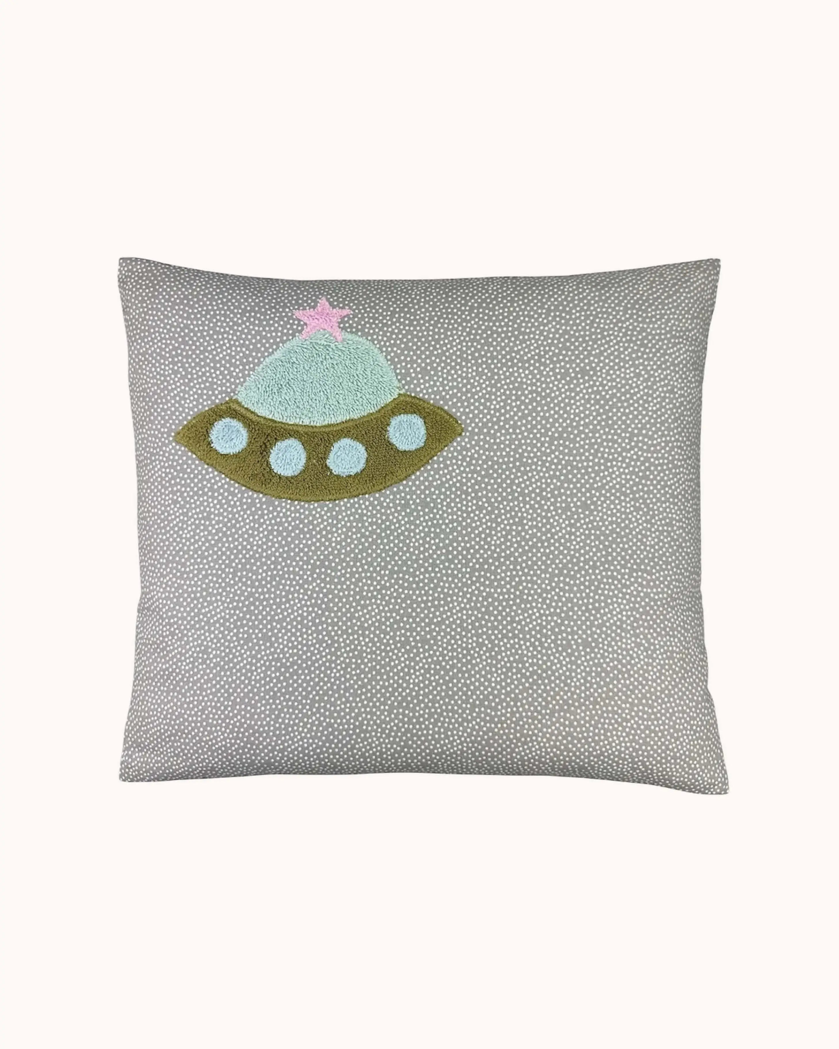 Pixie Cushion Ufo on Grey with white Dotties