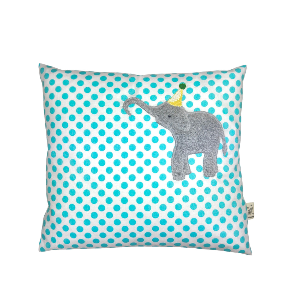 Pixie Cushion Party Elephant on White with turquoise Dots