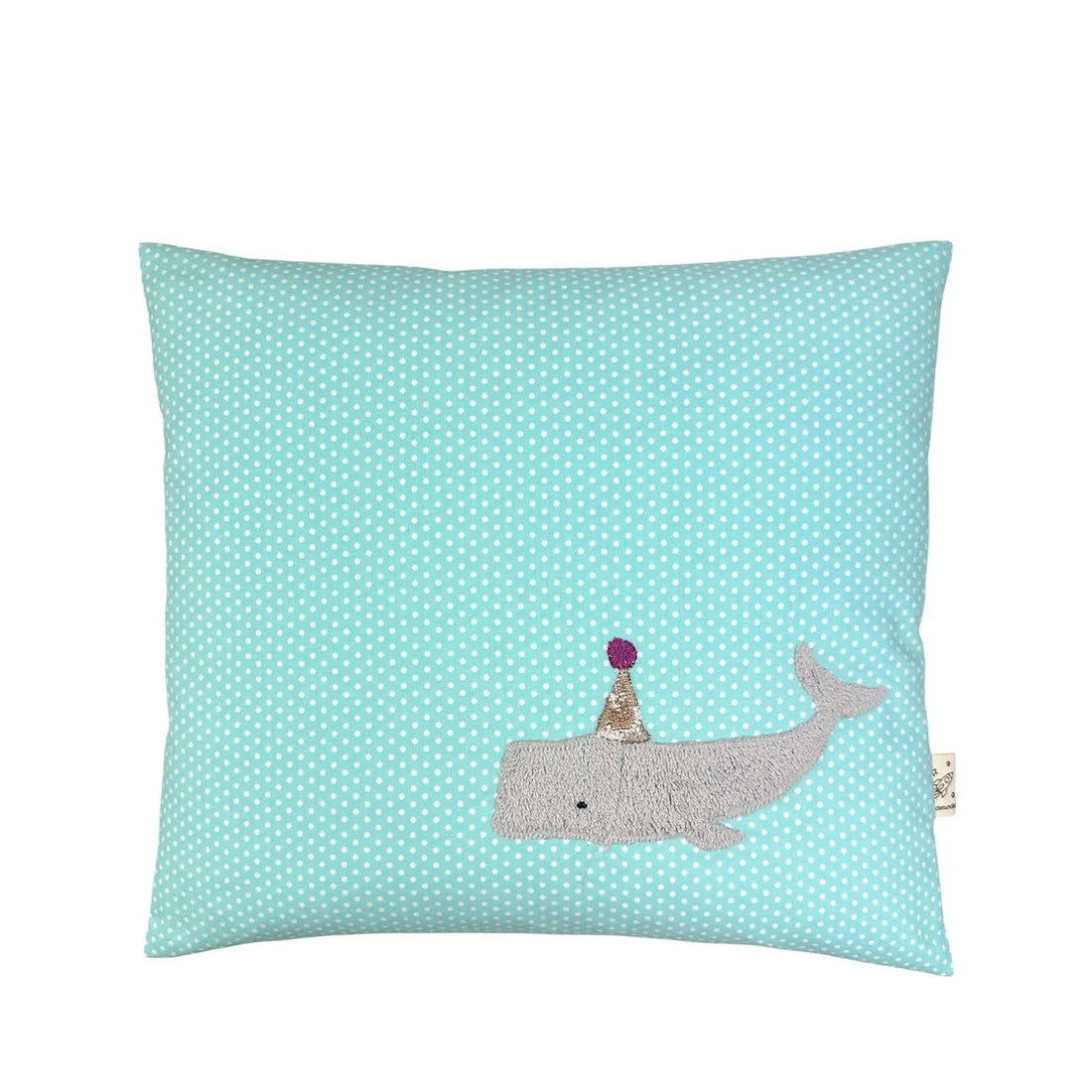 Pixie Cushion Party Whale on Turquoise with white Dots