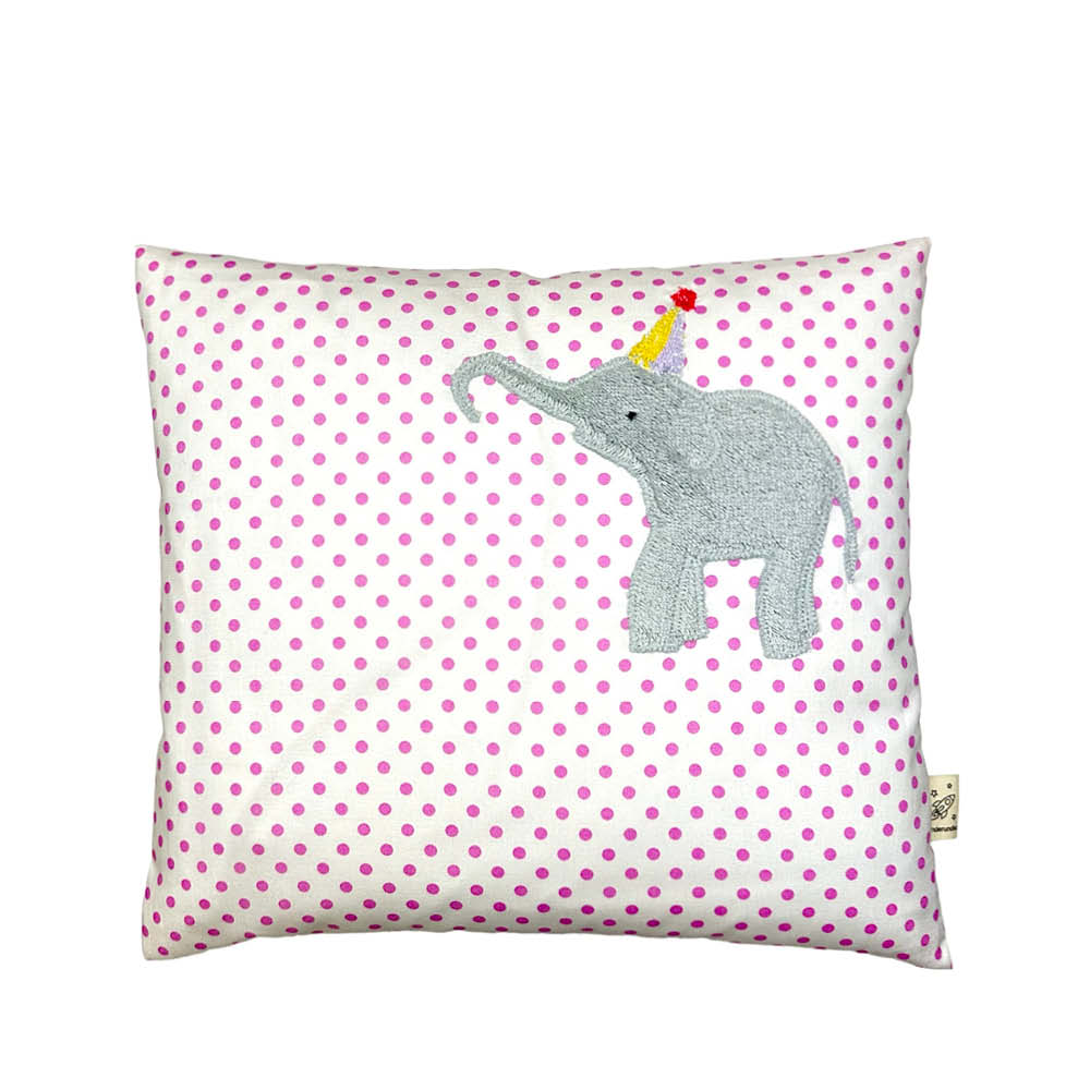 Coussin Pixie Party Elephant sur fond blanc à pois roses