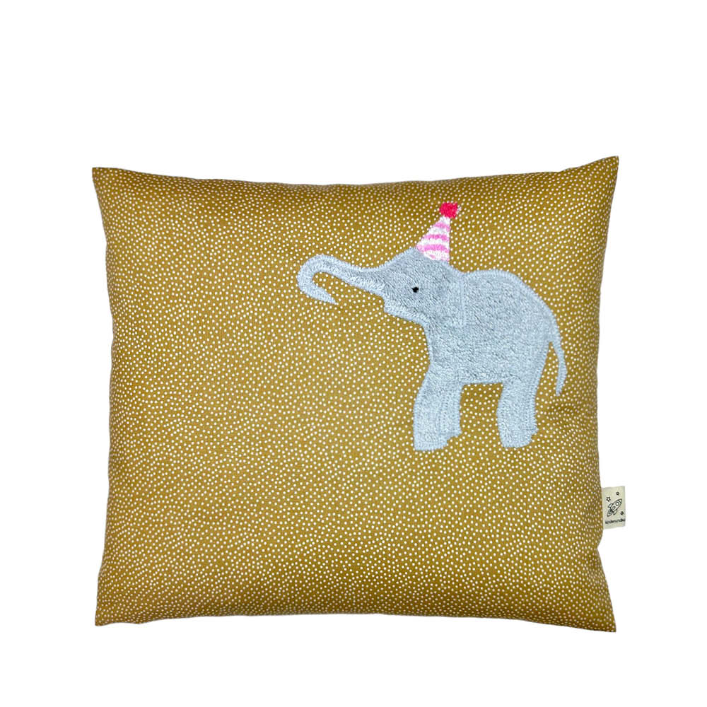 Pixie Cushion Party Elephant on Beige with white Dotties