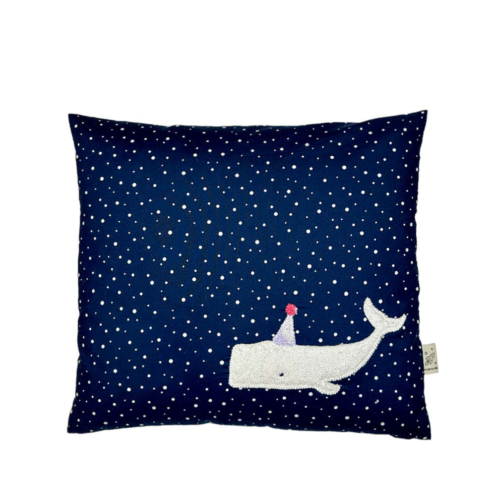 Pixie Cushion Party Whale on Navy Blue with white Dots