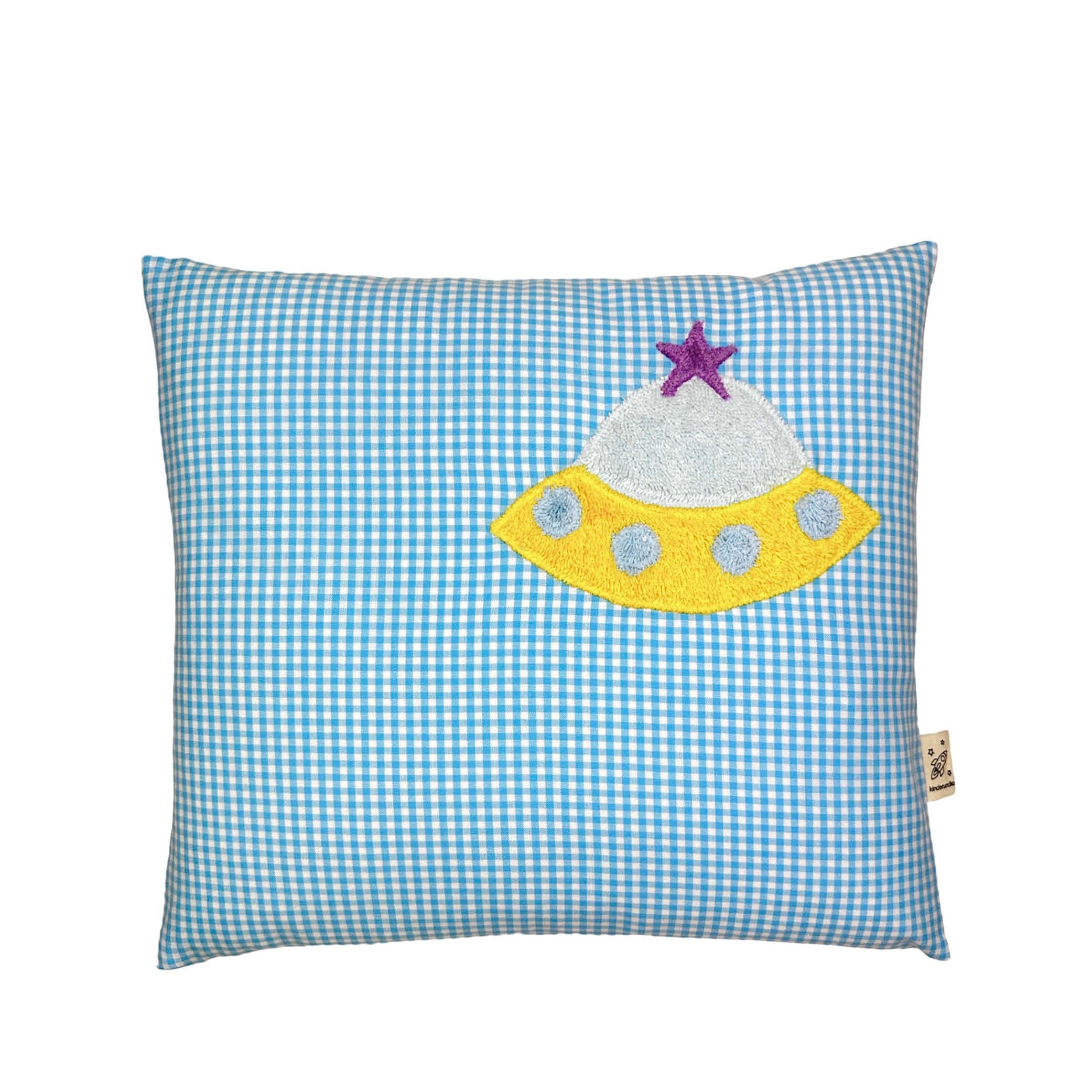 Coussin Pixie Ufo sur Vichykaro bleu clair