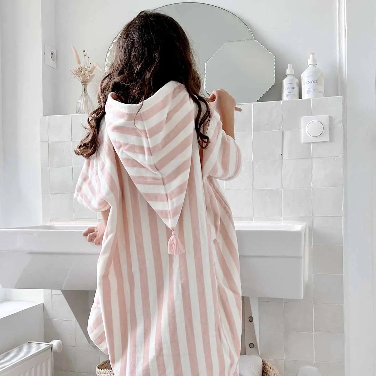 Poncho mit Kapuze in light pink gestreift