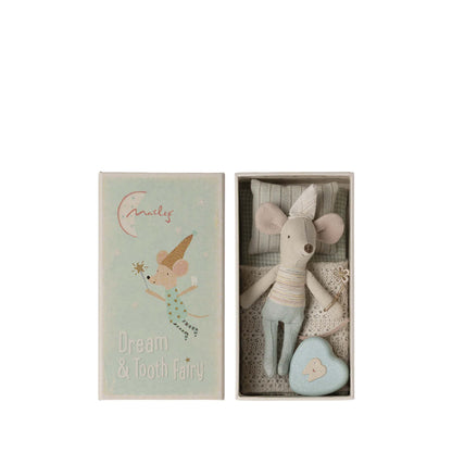 Tooth Fairy Mouse in blue Matchbox with Tooth Box