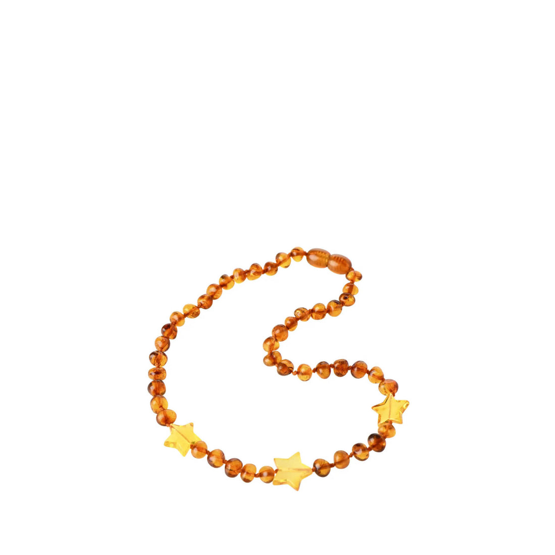 Dental aid, cognac baroque necklace in polished amber beads with lemon star pendant