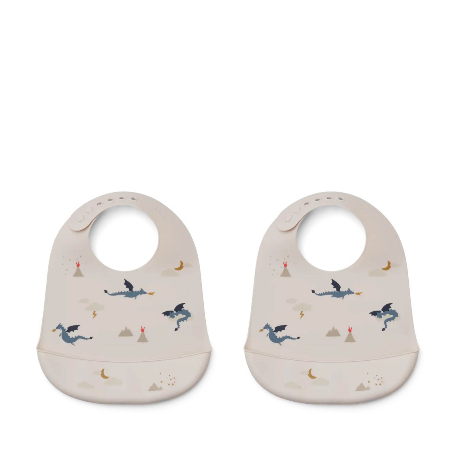 Set of 2, Silicone Bib Tilda in a little dragon/dark sandy mix