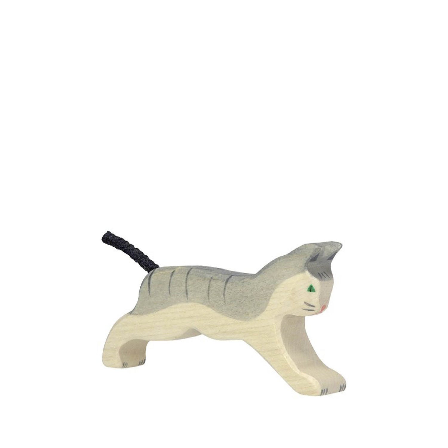 Wooden Figure, running gray Cat