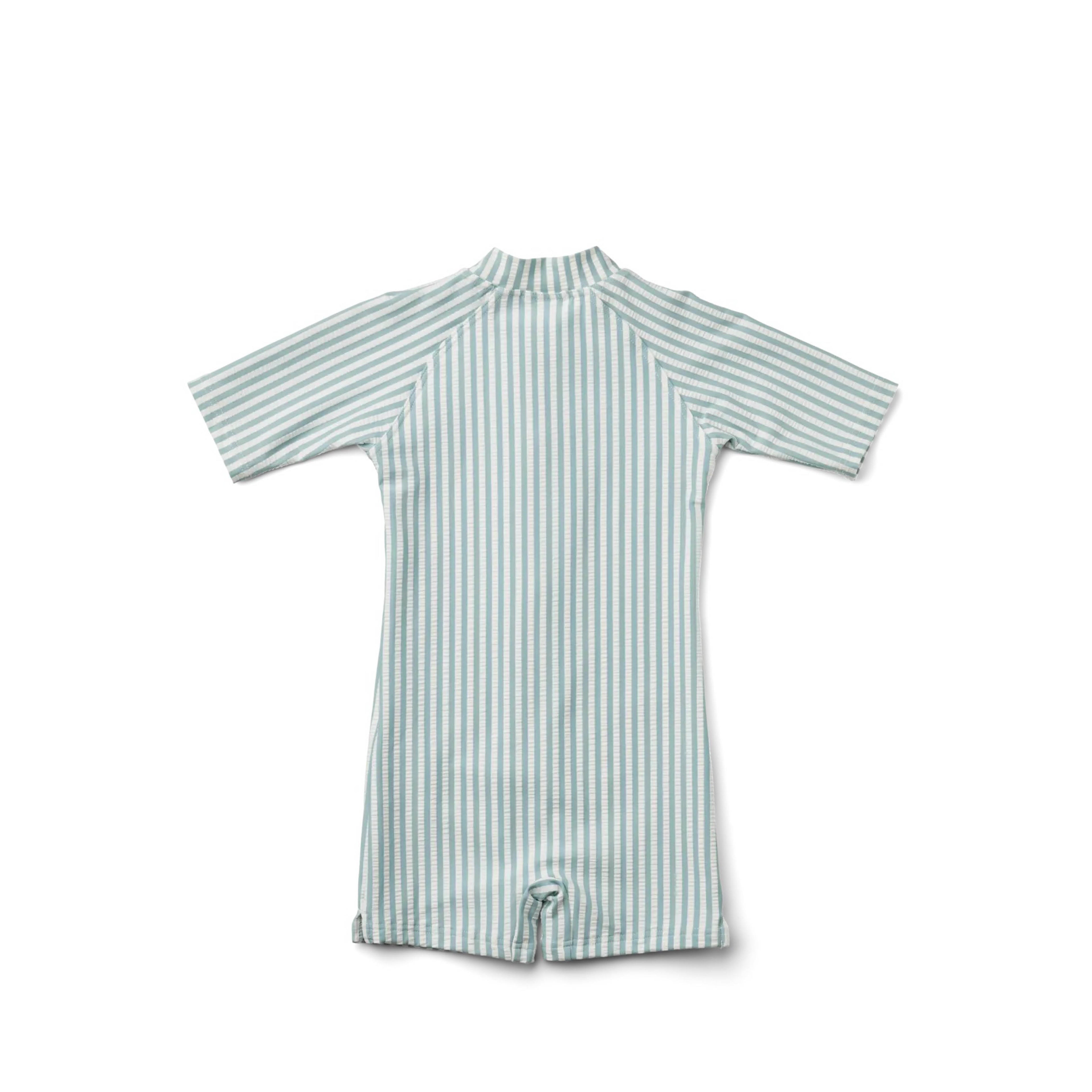 Seersucker swim jumpsuit Max in sea blue/white striped