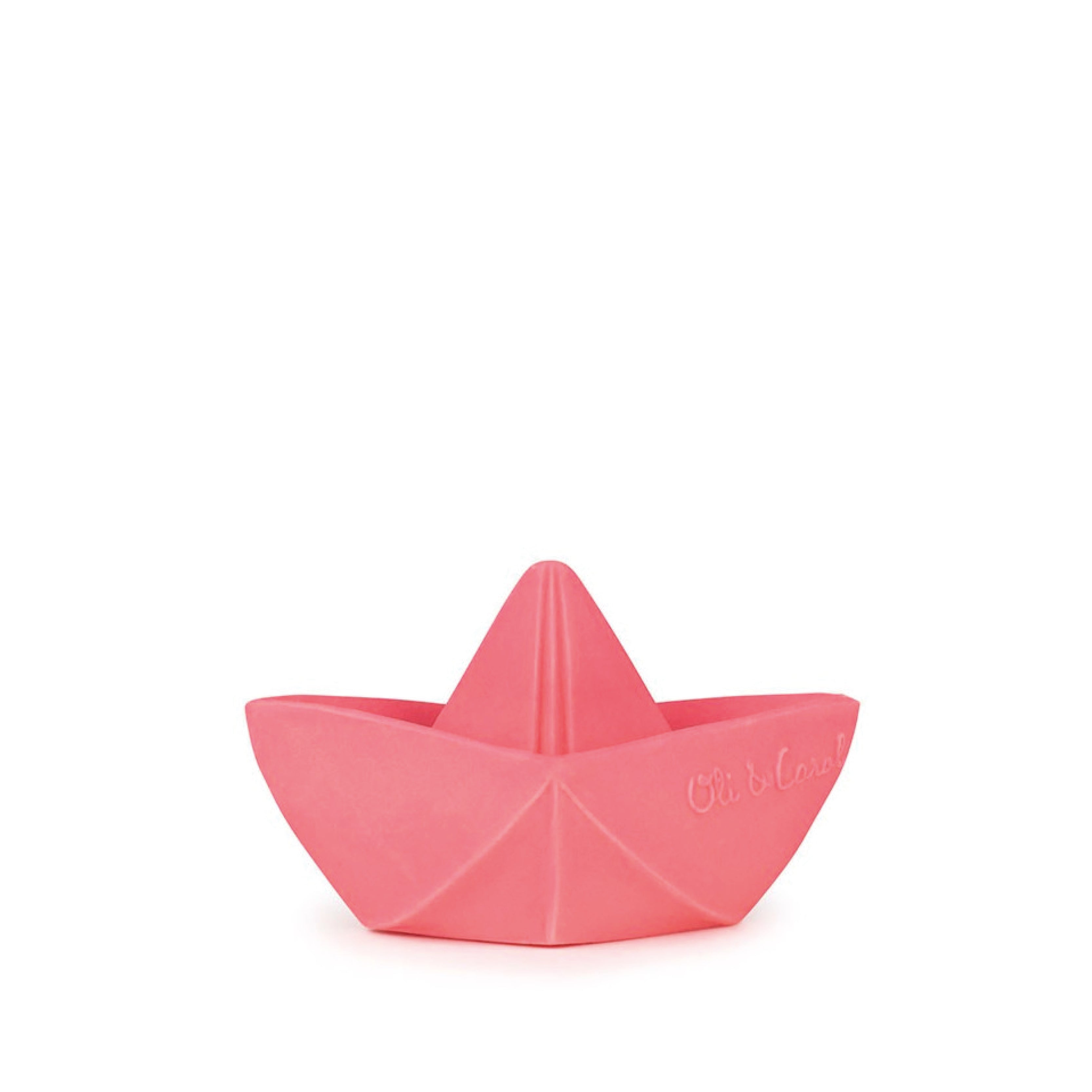 Baby Beißring Teether Oli & Carol Origami Boot in pink aus Naturkautschuk und von Hand bemalt mit speiseechten Farben - 100% natürlich von Oli und Carol bei kinder und konsorten Düsseldorf