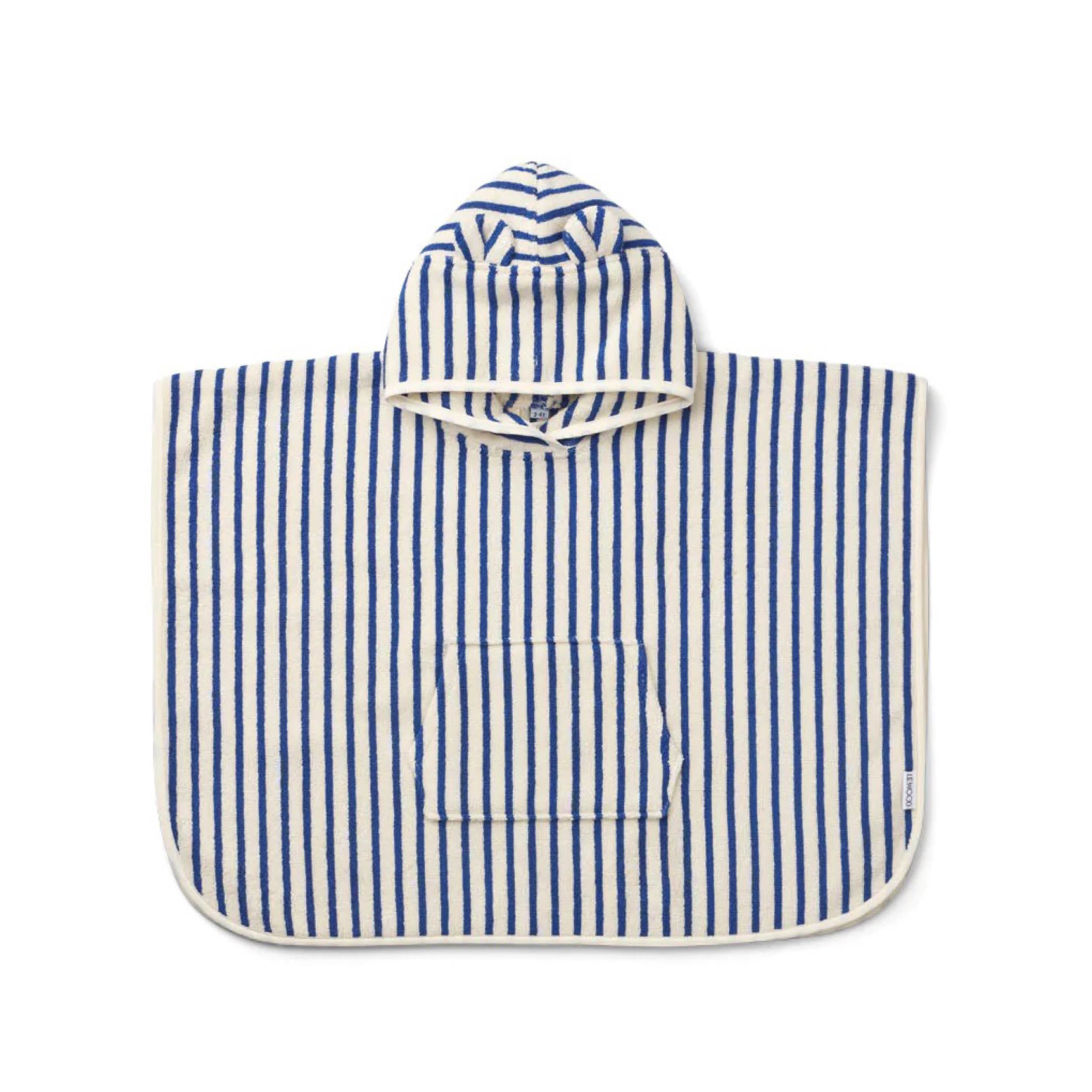 Izzy Kapuzen-Poncho in stripe surf blue/creme de la creme